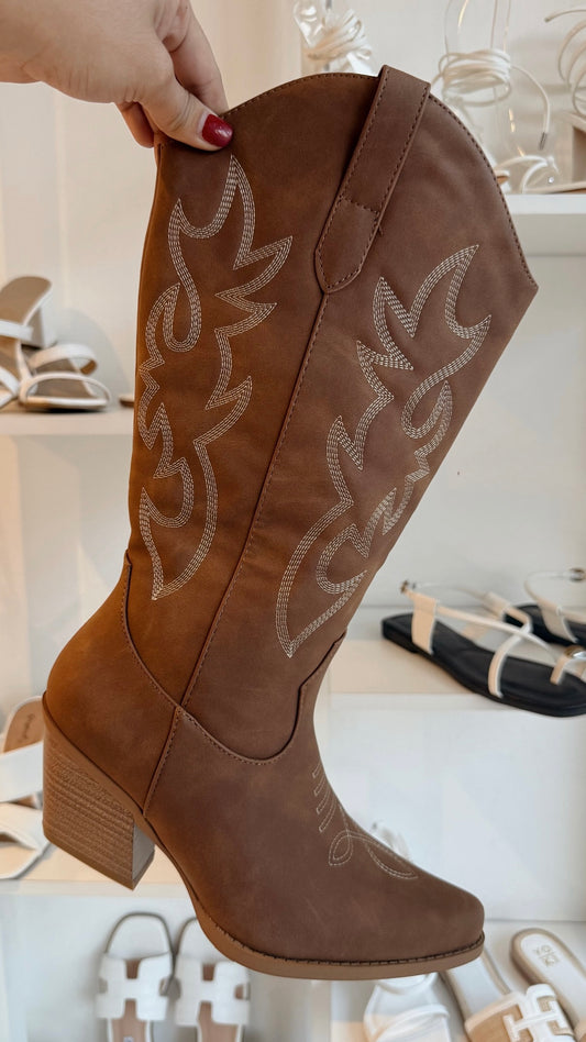 COWBOY BOOTS CAFÉ BORDADO BLANCO