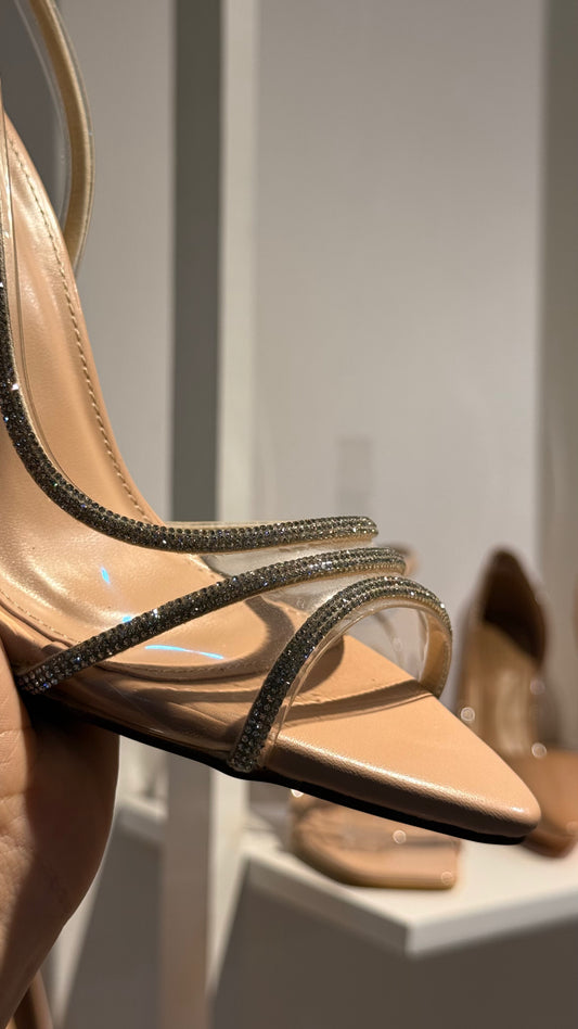 PRINCESS HEELS NUDE TRANSPARENTE CON BRILLOS PLATA