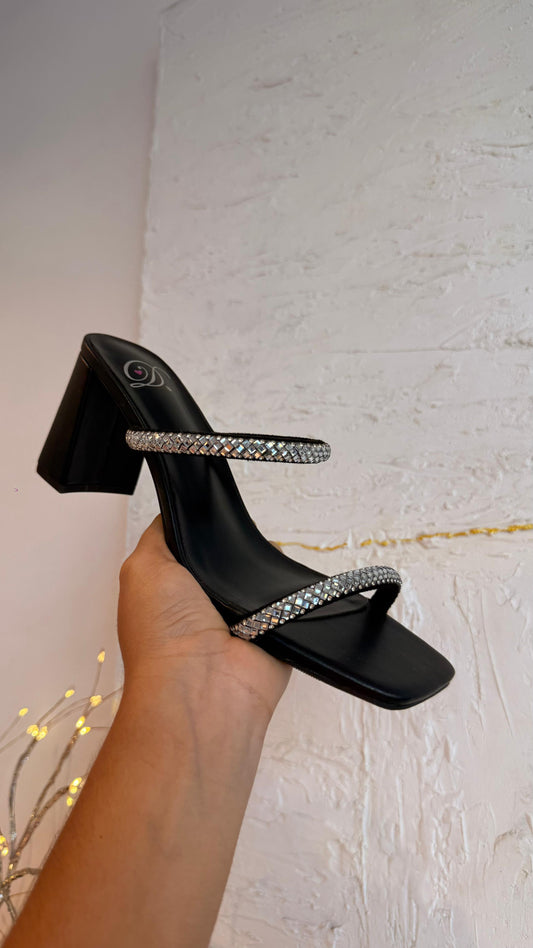 BLOCK HEELS NEGROS CON BRILLITOS